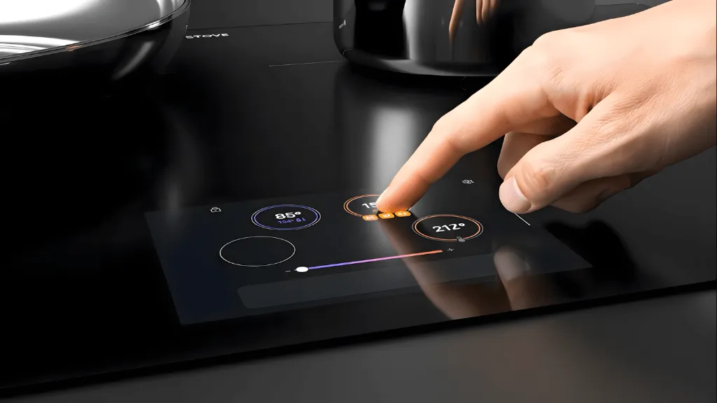 Render of the redesigned cooktop with an integrated touchscreen