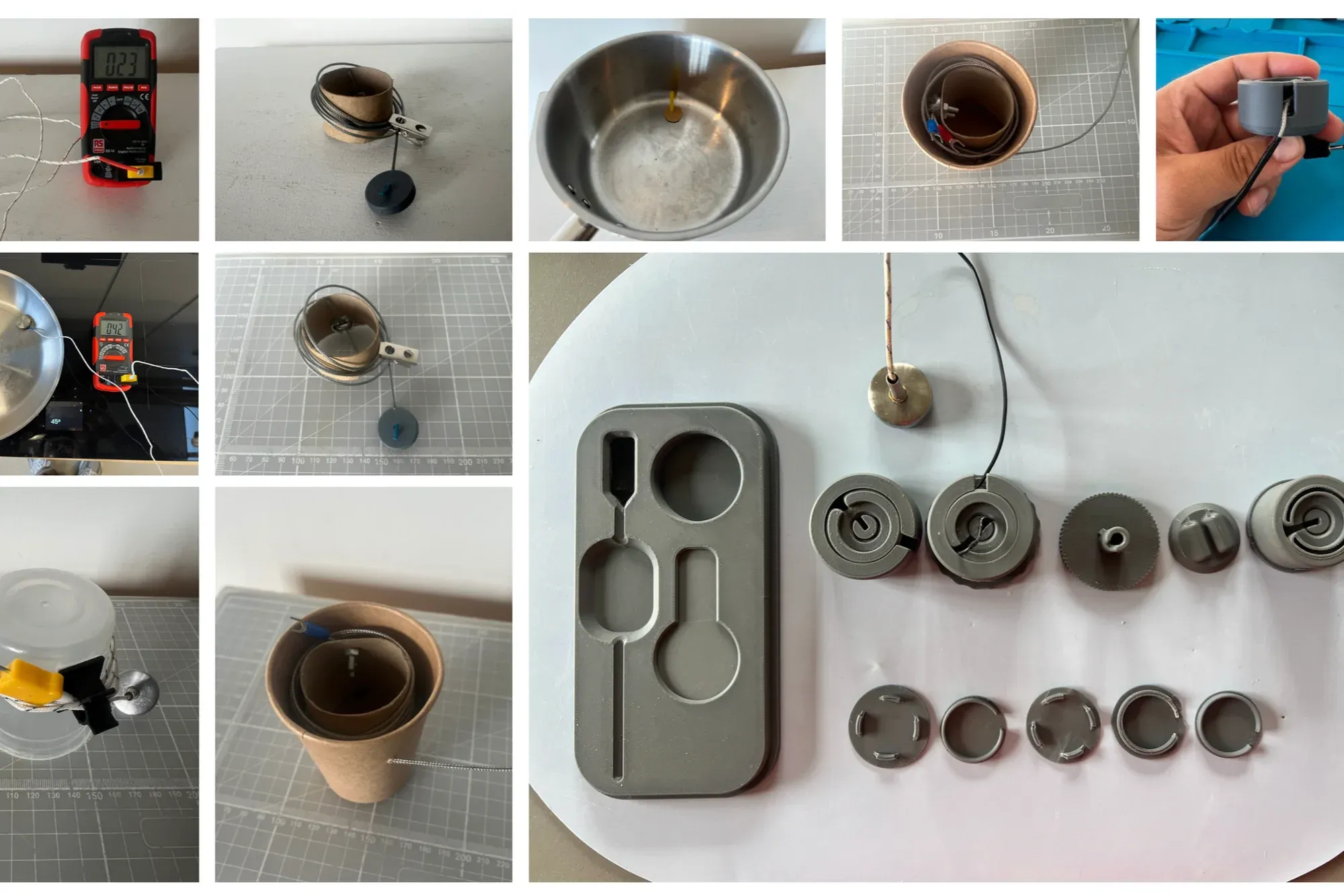 Collage of prototype iterations: thermocouple rigs, 3D-printed housings, and magnet tests