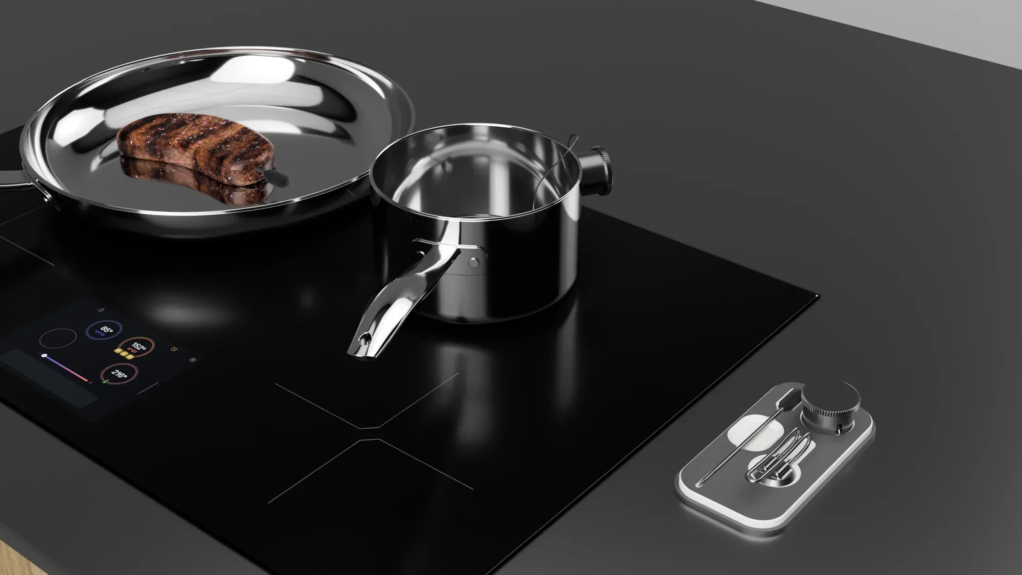 Final render: the probe system in context on the cooktop, beside a plated steak